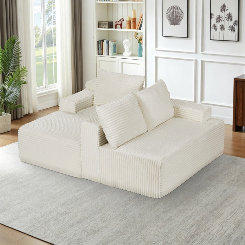 Divano angolare modulare con comfort profondo e senza montaggio in velluto a coste bianco per soggiorno e ospiti