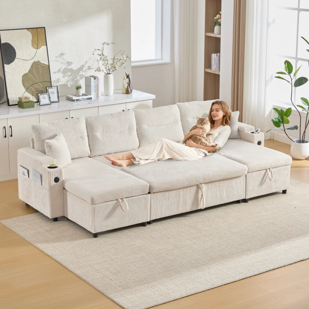 Divano 4 posti con due chaise longue; contenitore; portabicchieri e USB-C; 272x136x86 cm; beige