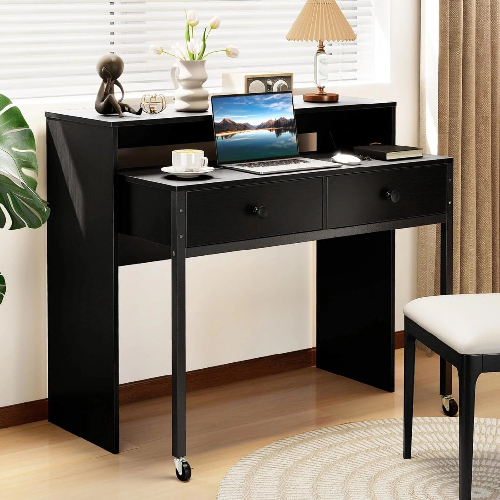 Scrivania per computer con piano estensibile, 100 x 63 x 88 cm, 2 cassetti e ripiano aperto, design compatto con ruote, tavolo da lavoro per camera da letto, ufficio (nero)