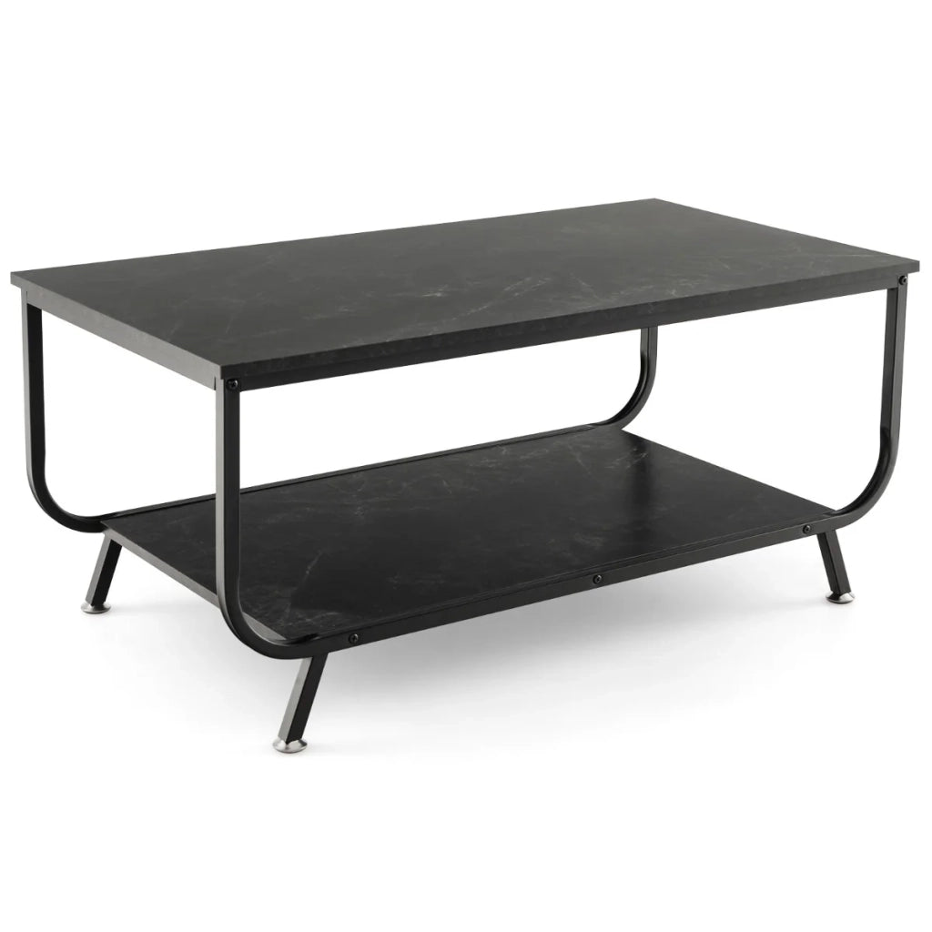 Tavolino da caffè a due livelli 105 x 55 x 46,5 cm design contemporaneo con spazio di archiviazione aggiuntivo metallo nero e finto marmo 20_0013812
