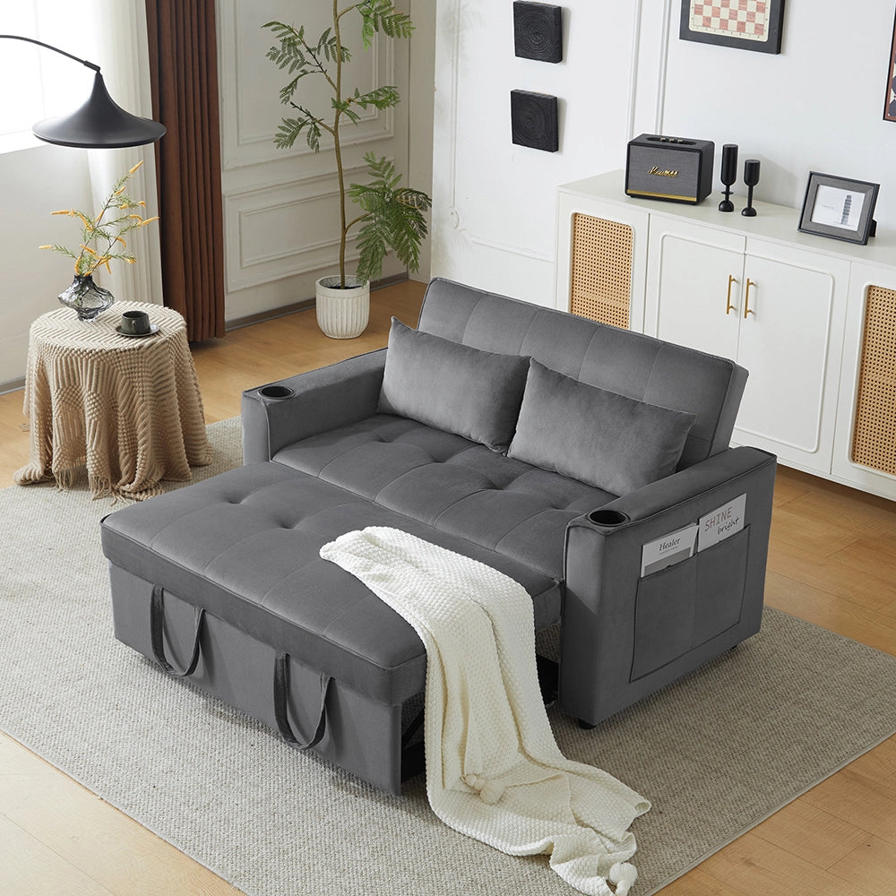 Divano letto 2 posti - Xylo - Grigio - Portabicchieri e cuscini