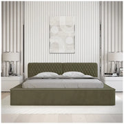 Letto contenitore VERNON – Tessuto ciniglia bouclé Foglia di olivo – 140x200 cm – Rete sollevabile – Design di alta gamma
