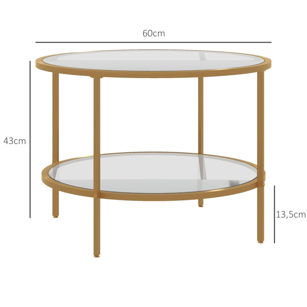 Tavolino da caffè rotondo con ripiano a 2 livelli - per soggiorno - in vetro - Ø60×43 cm - oro