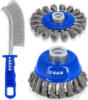 Set di spazzole a filo 3 pezzi, 1 pz. Spazzola a punte 75mm, 1 pz. Spazzola a forma rotonda 100mm, con setole metalliche avvolte, per uso con sega a mano, inclusa 1 pz. Spazzola abrasiva 255mm