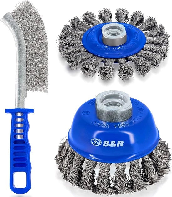 Set di spazzole a filo 3 pezzi, 1 pz. Spazzola a punte 75mm, 1 pz. Spazzola a forma rotonda 100mm, con setole metalliche avvolte, per uso con sega a mano, inclusa 1 pz. Spazzola abrasiva 255mm