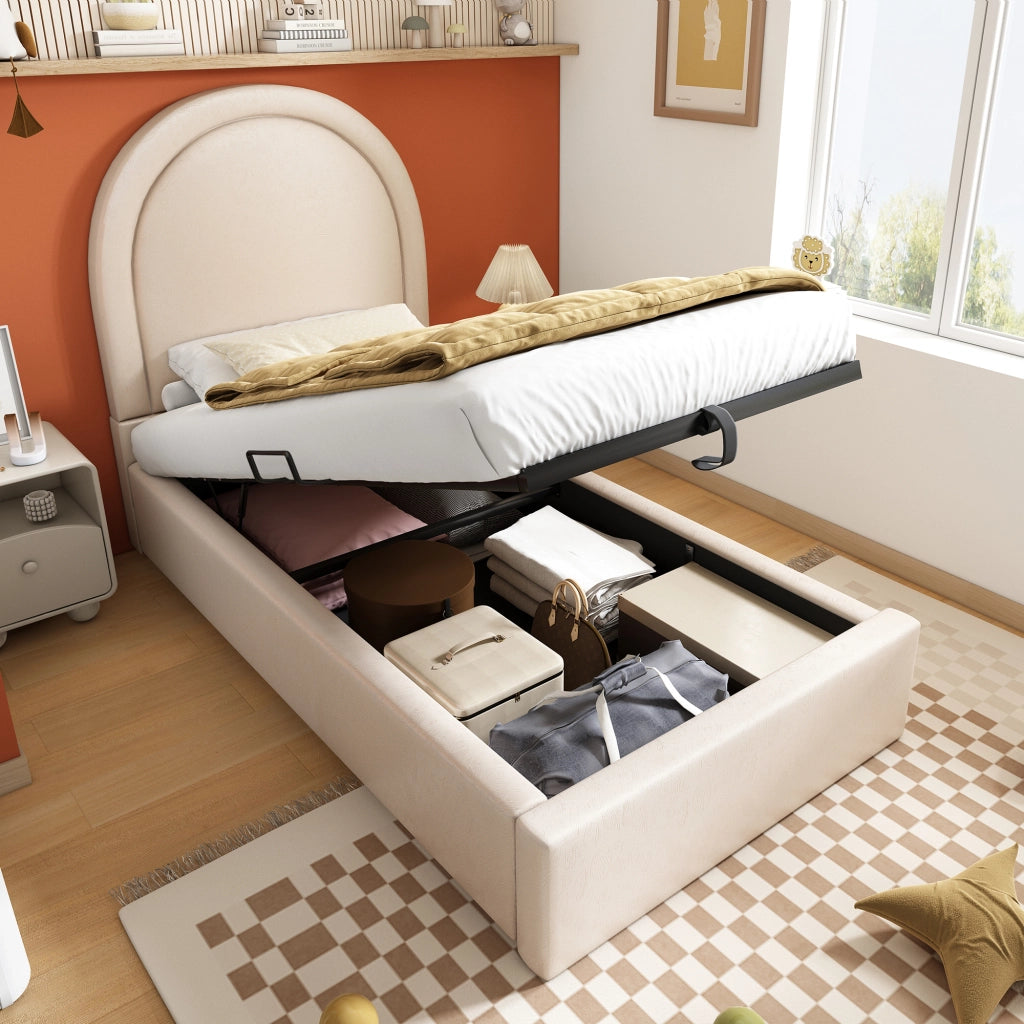 Letto imbottito per bambini 90x200 cm beige con contenitore, rete a doghe e materasso ortopedico H3