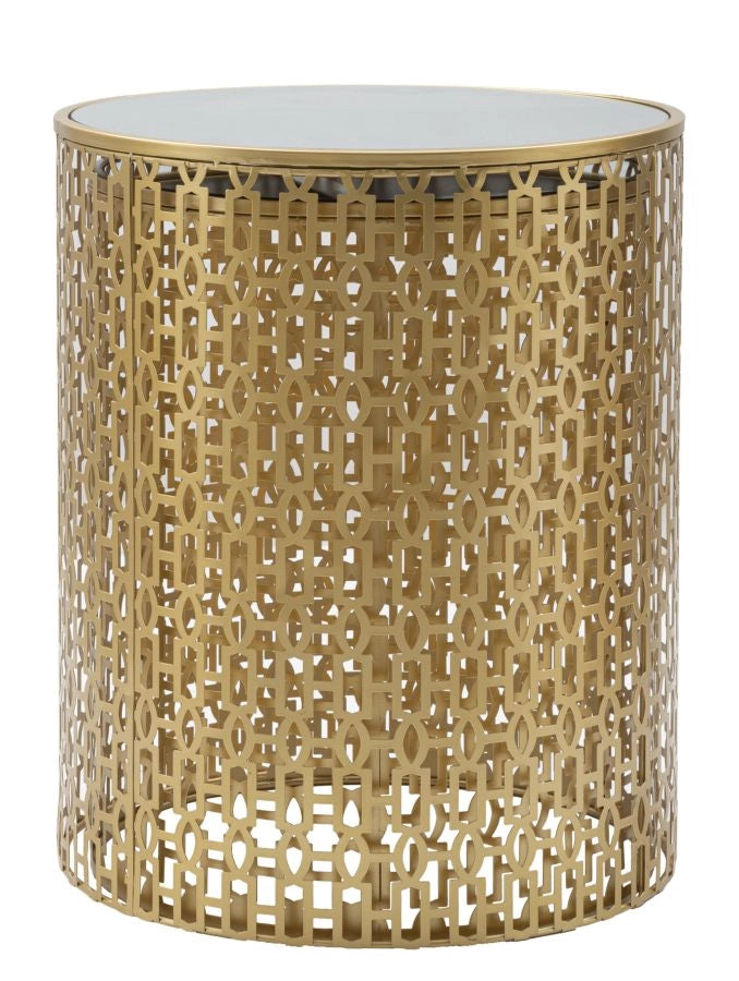 Tavolinetti Coppia Oblin Ø41x50-37,5x47 cm in Ferro MDF e Vetro Oro