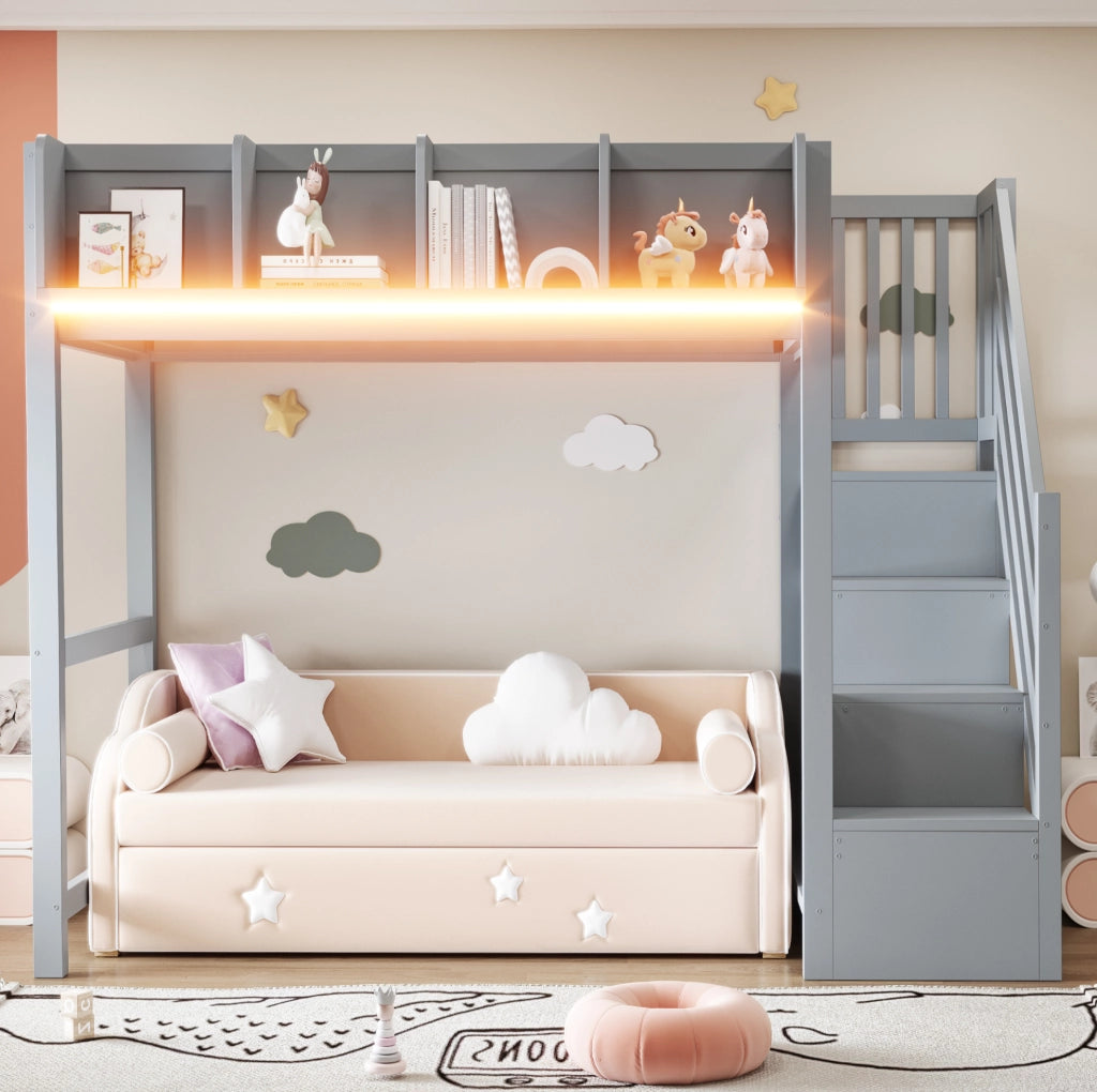 Letto a soppalco 90x200 cm con LED, vani portaoggetti e scala laterale