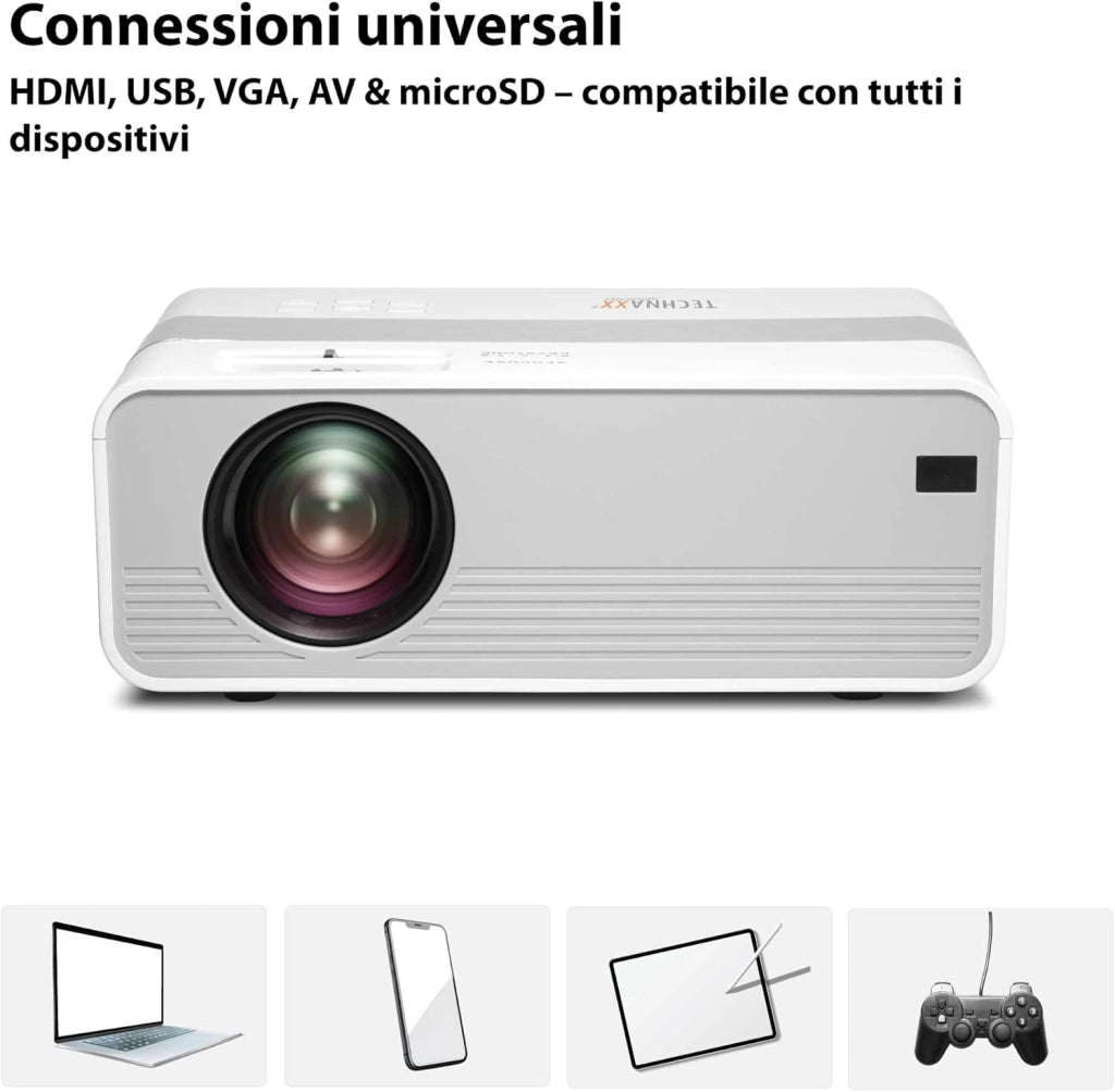 Mini-LED HD Proiettore – Videoproiettore Portatile con Risoluzione HD 720P, Schermo 176", LED 40.000h, HDMI/USB/VGA/AV/microSD – Ideale per Home Cinema, Giochi e Presentazioni - TX-127