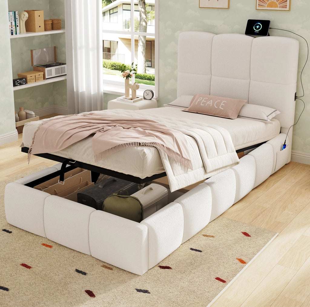 Letto singolo 90x200 cm con contenitore idraulico; USB C; tessuto bouclé beige