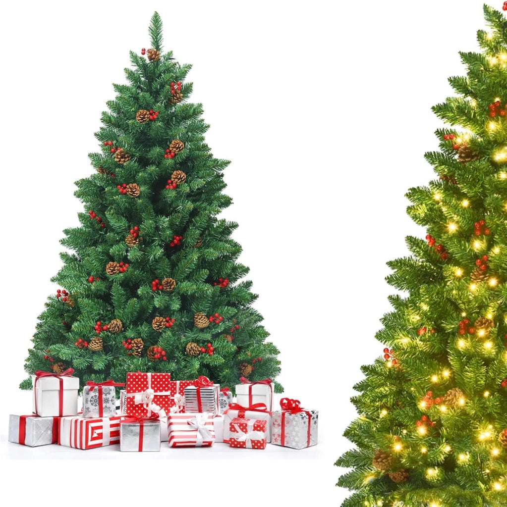 Albero di Natale Artificiale 135/195 cm in PVC, Albero di Natale con Luci LED Incorporate, Mele di Pino e Bacche Rosse, Christmas Tree per Casa, Negozio, Ufficio, Feste (L)