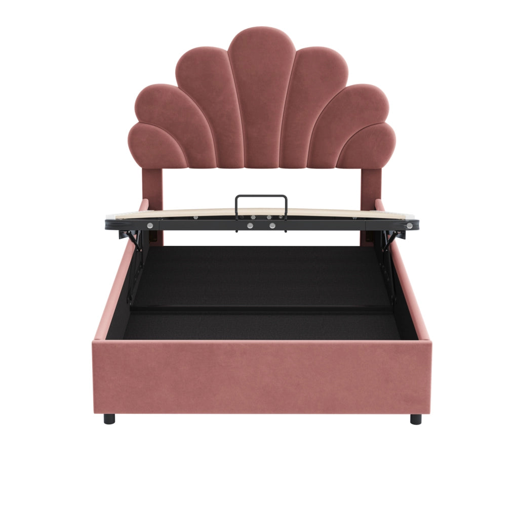 Letto imbottito 90x200 cm con vano contenitore idraulico in velluto rosa