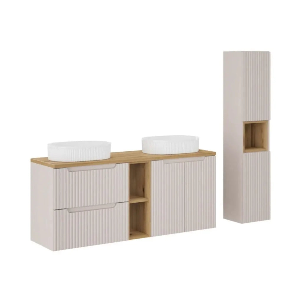 Set VANO cashmere e quercia 170cm: mobili sottolavabo con cassetti e armadietti con nicchie a vista + lavabi da appoggio + colo
