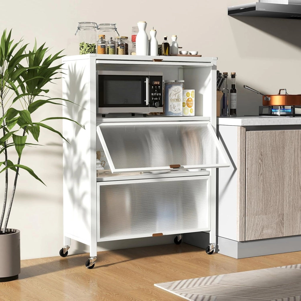Credenza da Cucina a 4 Livelli, Armadietto Salvaspazio con Ante Ribaltabili e Ruote Bloccabili, Mobilietto Moderno in Metallo per Bagno, Soggiorno, Cucina e Ingresso, 81 x 37 x 115 cm