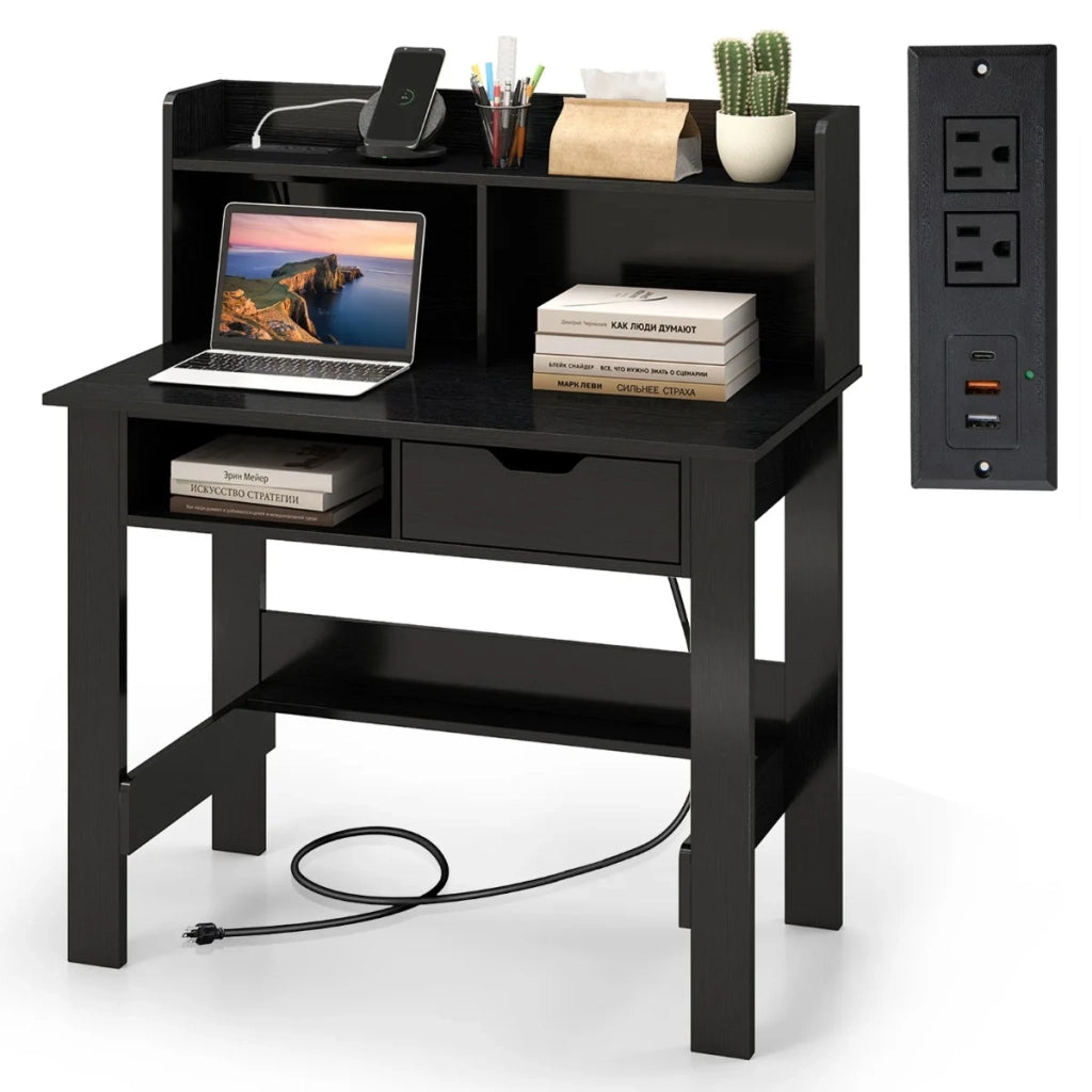 Scrivania per computer con prese USB e Type-C nero 95 x 56 x 109.5 cm scrivania da ufficio con cassetto e ripiano per casa studio