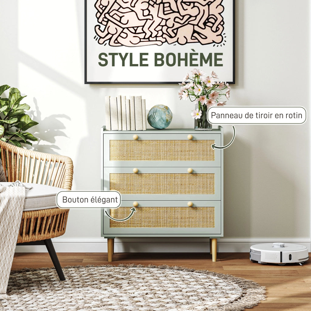 Cassettiera design boheme in rotino con 3 cassetti ¨C zephmum ¨C verde oliva