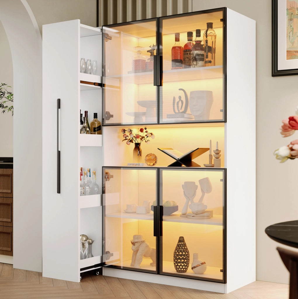 Vetrina moderna 110x35x160 cm bianca in MDF con LED a colori; ripiani estraibili e anta in vetro