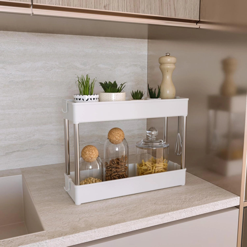 Carrello Portaoggetti A 4 Ripiani Mobile Salvaspazio In Plastica Con Ruote Struttura In Acciaio Per Spazi Ridotti Cucina Bagno Lavanderia Camera Da Letto Salotto Studio 40 x 13 x 85 Cm (Bianco)