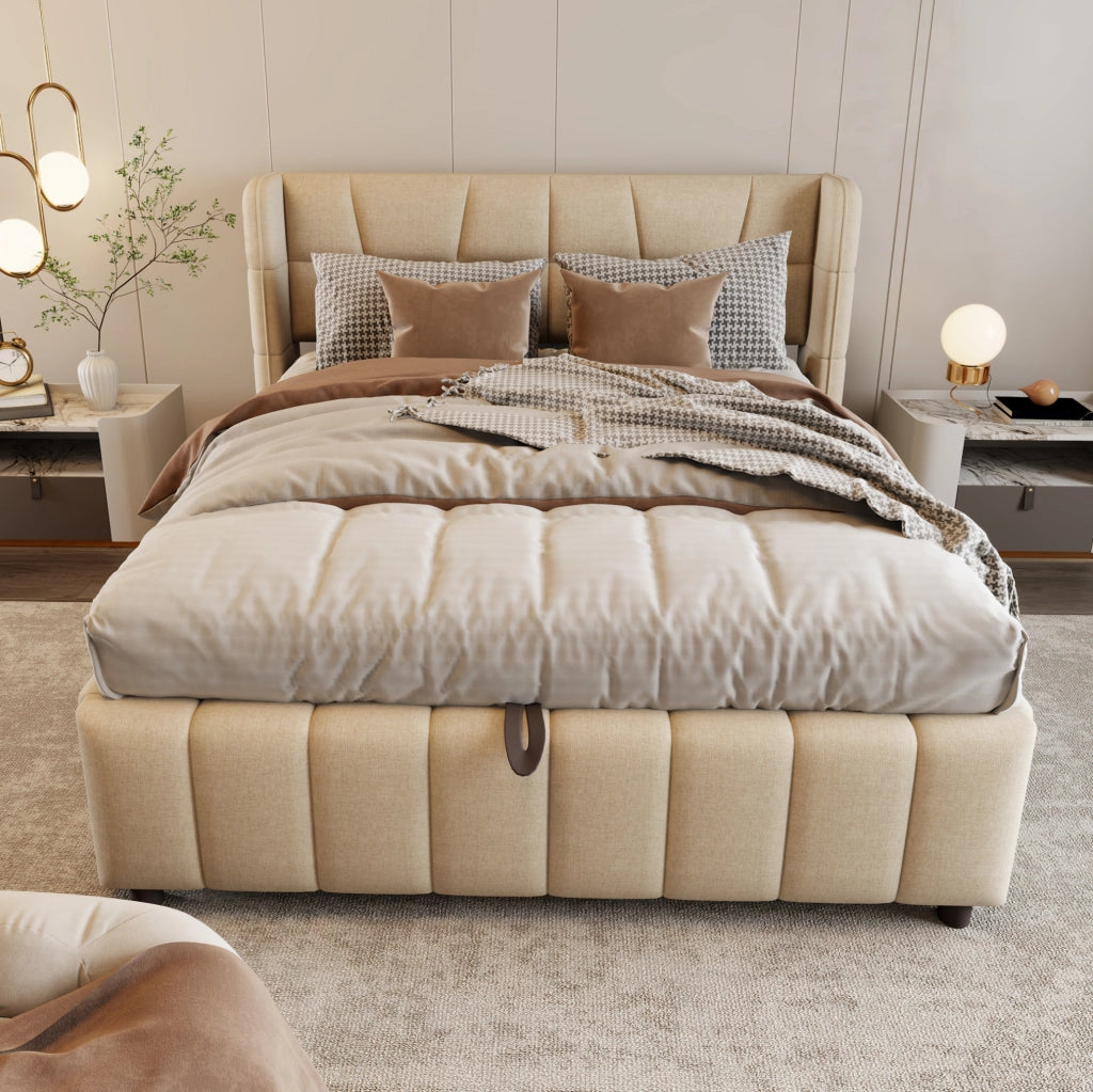 Letto imbottito 140x200 cm con contenitore e rete a doghe; in tessuto beige