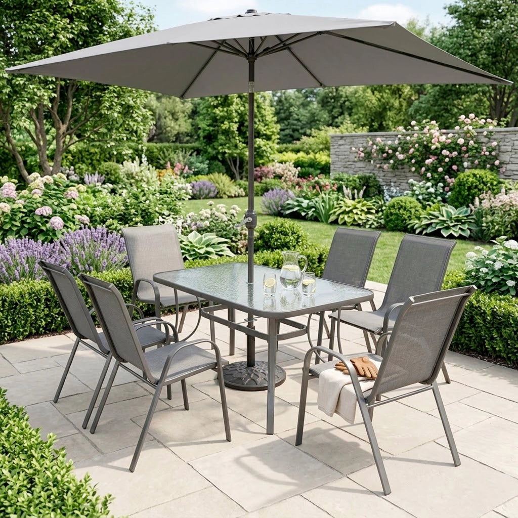Salotto Da Esterno Con Tavolo In Vetro Temperato 6 Posti A Sedere E Ombrellone Rettangolare Ideale Per Patio Cortile Dehors E Cene All Aperto Arredo Moderno 150 x 90 x 71 Cm Grigio