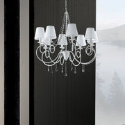 Lampadario Classico 8 Luci Ferro Bianco E Cristalli Con Paralumi Serie Elegant