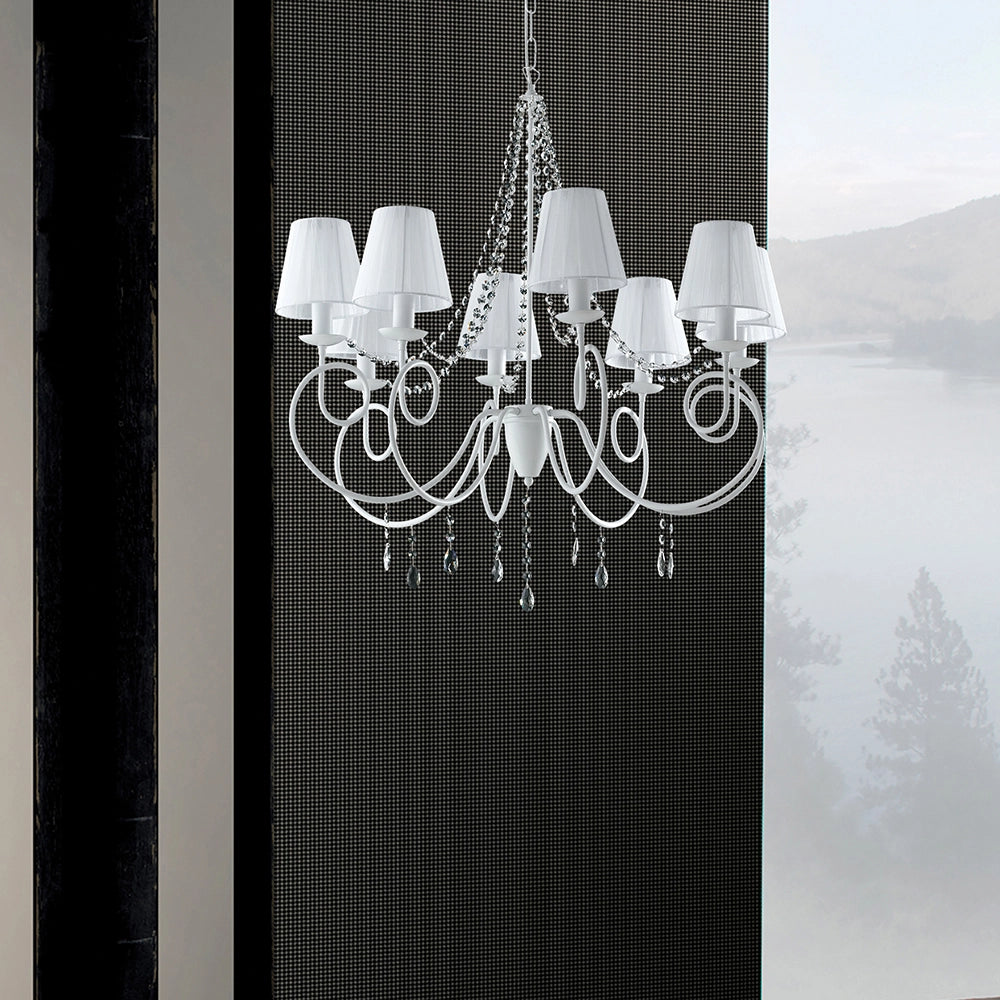 Lampadario Classico 8 Luci Ferro Bianco E Cristalli Con Paralumi Serie Elegant