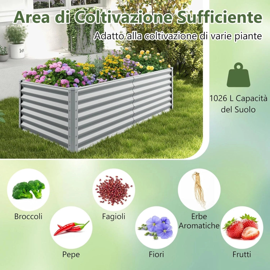 Letto da Giardino Rialzato in Metallo, Orto Rialzato con Design a Fondo Aperto, Protettori d'Angolo Rinforzati, Aiuola Rialzata da Esterno per Verdure, Fiori e Erbe Aromatiche (Grigio)