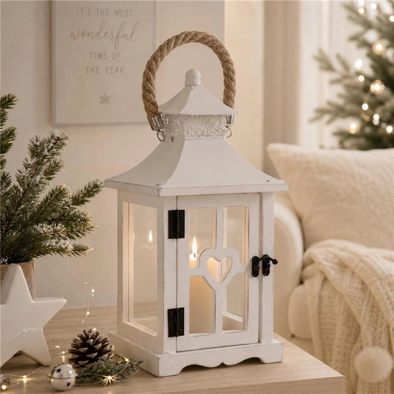 LANTERNA IN LEGNO BIANCO CON MANICO DIMENSIONI 18X18X32H CM - COLORE BIANCO