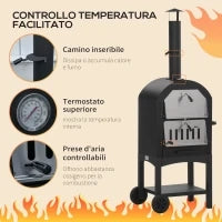Forno per Pizza e Barbecue a Carbone Portatile in Acciaio con Camino e Ruote, 63x54x161 cm, Nero