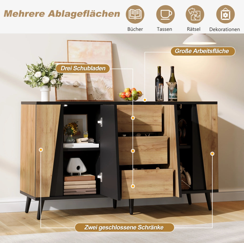 Sideboard 120x40x70 cm con 2 ante; 3 cassetti e ripiani regolabili; MDF e truciolare; naturale e nero