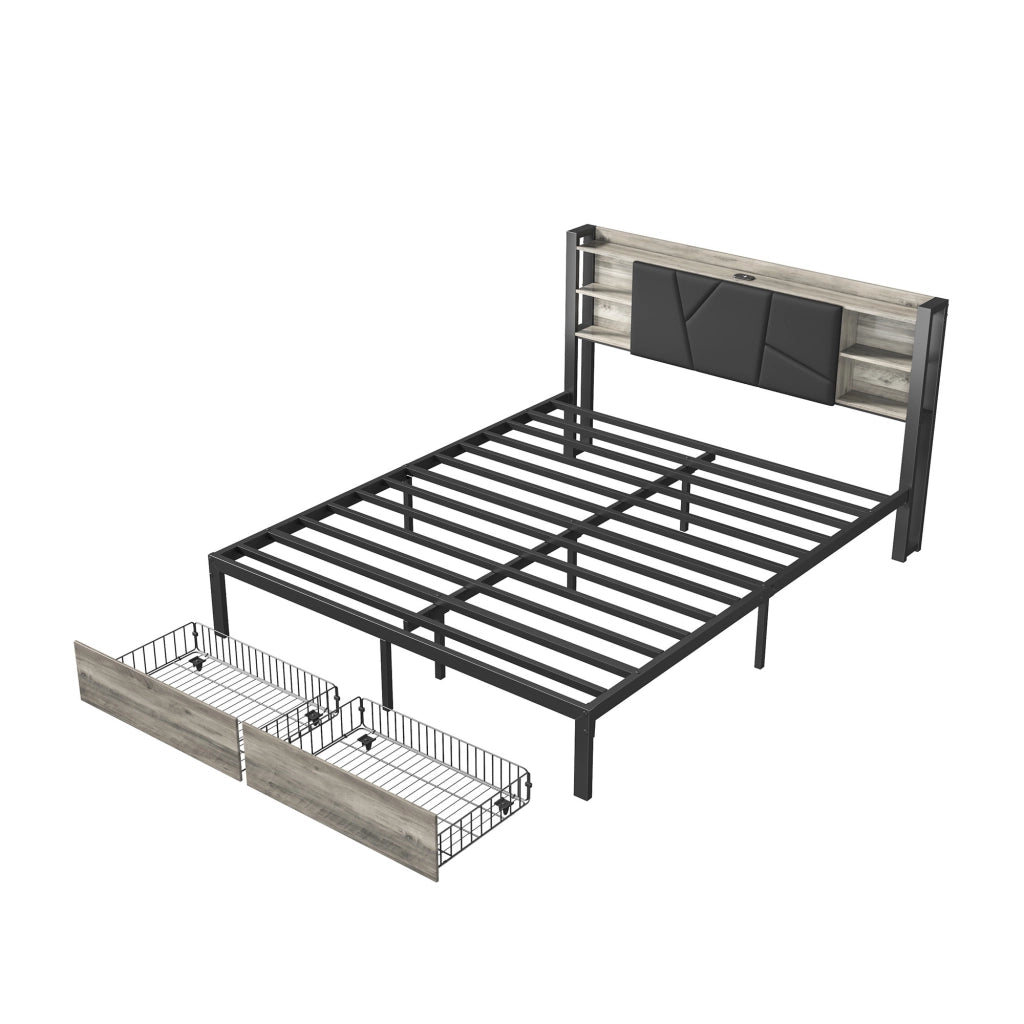 Letto 140x200 cm con cassetti; LED e porta USB in truciolare nero