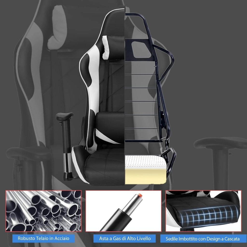 Sedia da Gaming Girevole a 360°, Sedia Ergonomica per Computer per Gaming con Poggiatesta e Cuscino Lombare, Angolo Reclinabile Regolabile (Bianco)