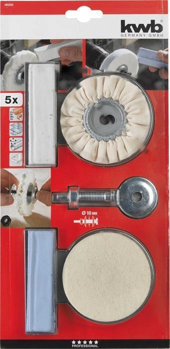 KWB 485200 Set Lucidatura 5 Pezzi Dischi Feltro Panno e Paste Lucidanti per Trapano colore Blu Bianco