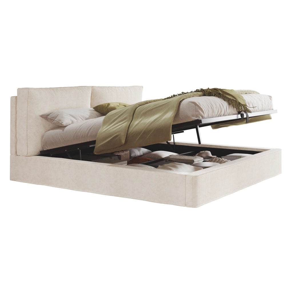 Letto matrimoniale imbottito 180x200 cm con contenitore idraulico; testiera 105 cm; beige in corduroy