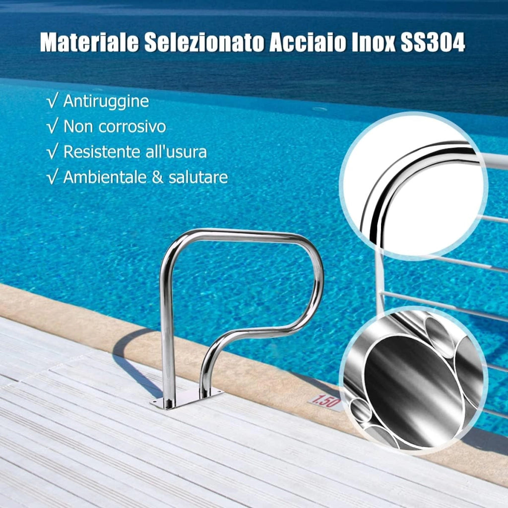 Corrimano per Piscina in Acciaio Inox, Corrimano Curvo, con Piastra di Base, Ideale per Spa, Stadio e Parco Acquatico, Argento