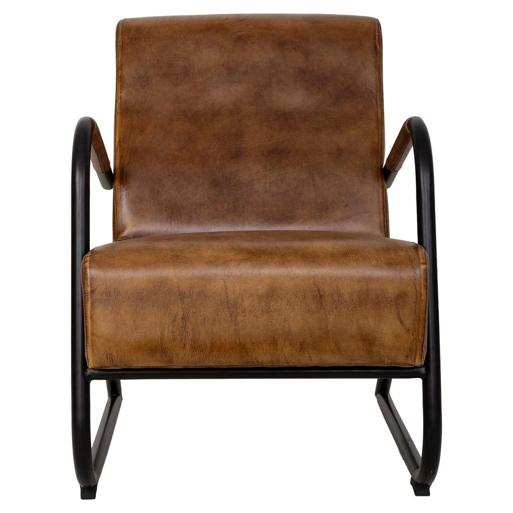 Poltrona in metallo rivestita in pelle marrone, dimensioni 61x70x84 cm
