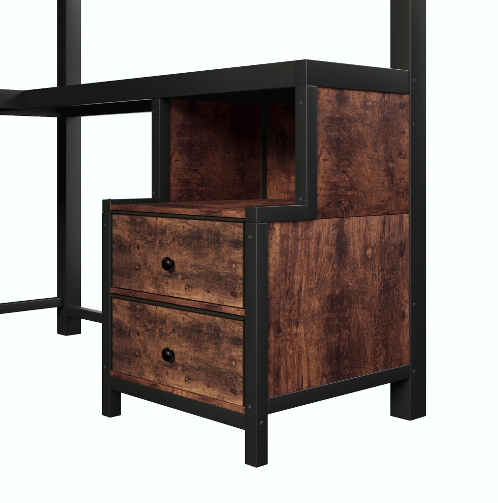 LETTO a soppalco 140x200 cm in metallo nero con scrivania, ripiani e barra appendiabiti