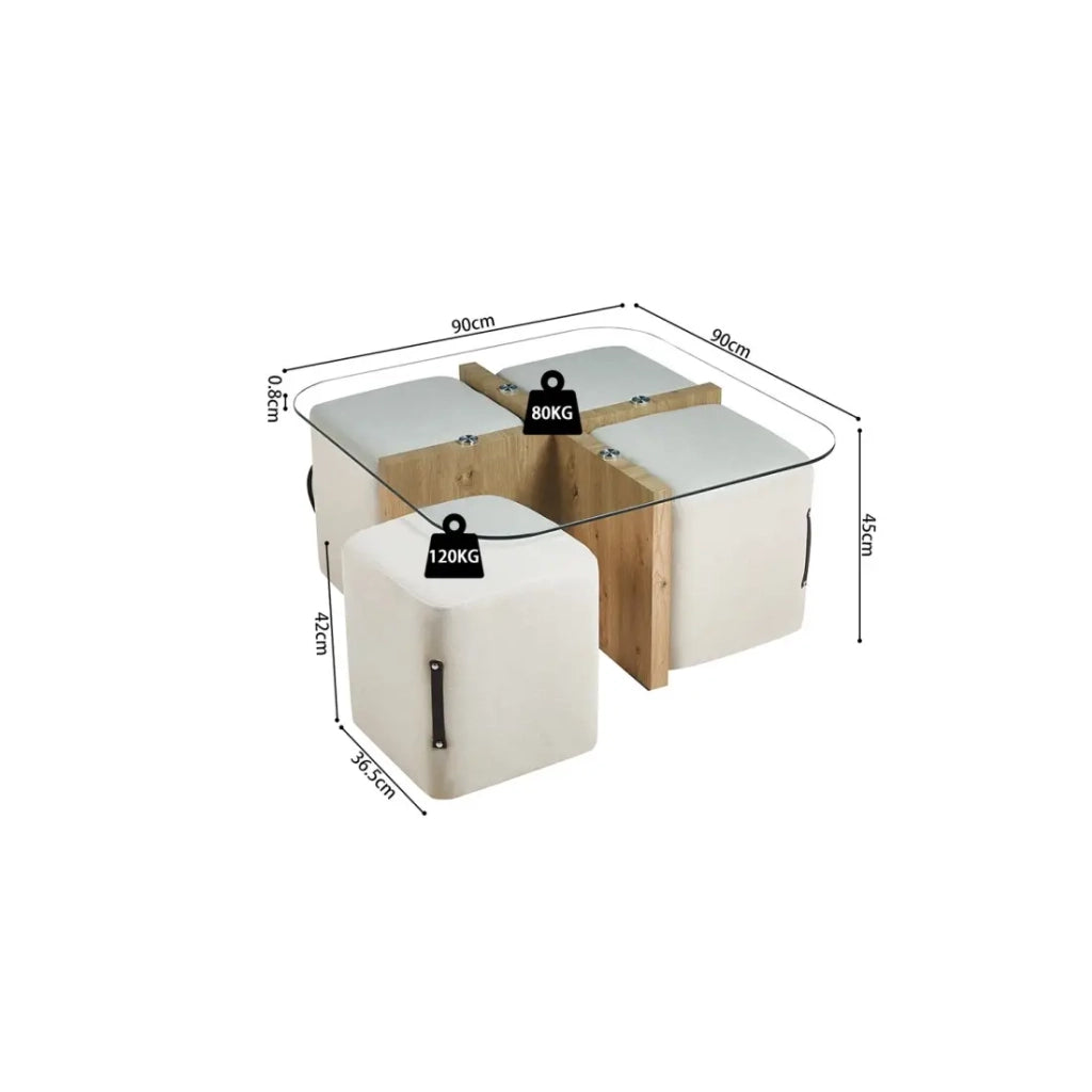 Tavolino QUADORA – Quadrato 90x90 cm – Vetro & quercia invecchiata – Con 4 pouf bianchi – Design pratico ed elegante