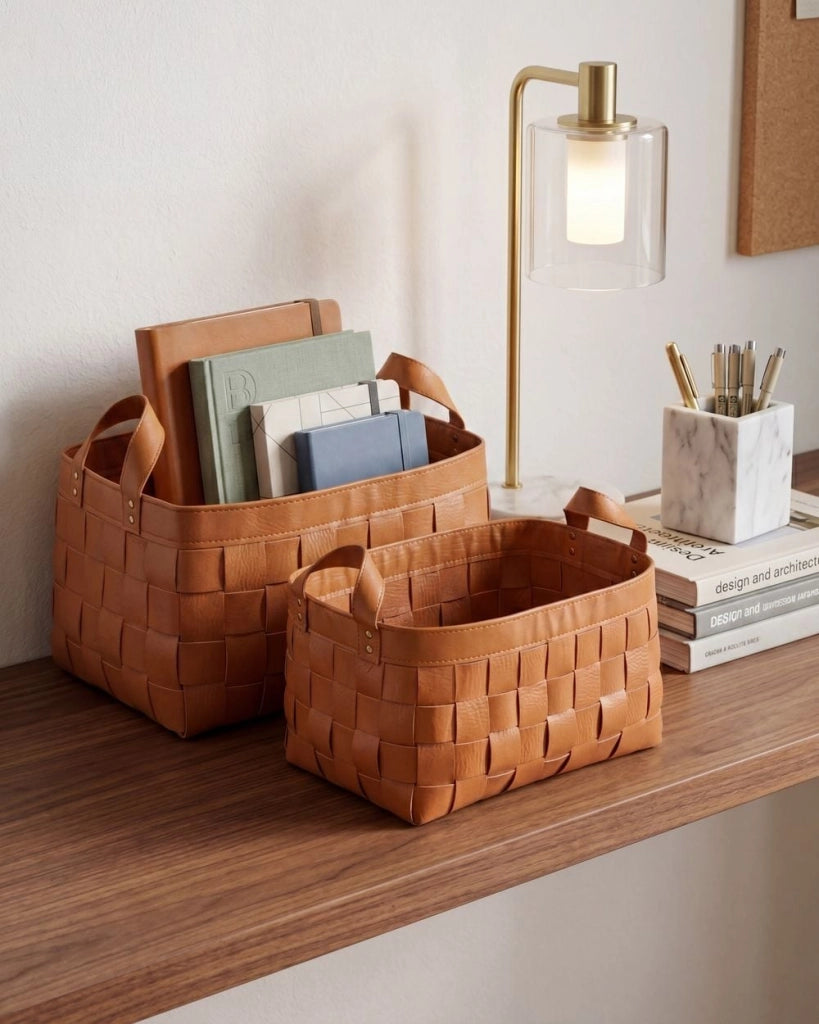 Set di 2 cesti fatti a mano in ecopelle marrone dorato con manici design retrò