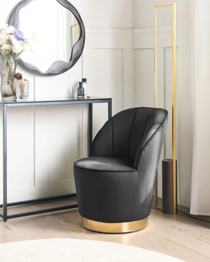 Poltrona in velluto Nero con base in metallo dorato Sedia a vasca con rotondo Glam Retro Living Room