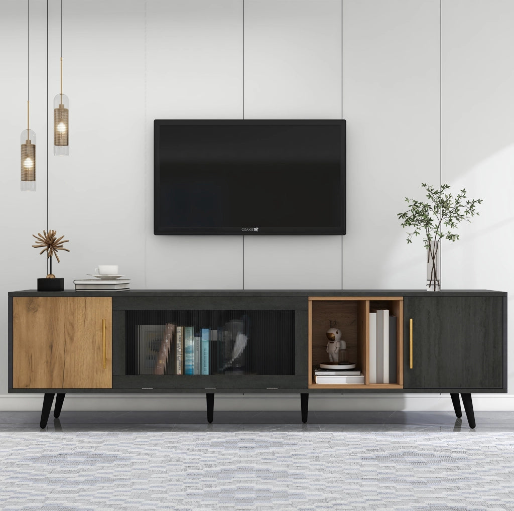 Mobile TV elegante in legno scuro con effetto grigio