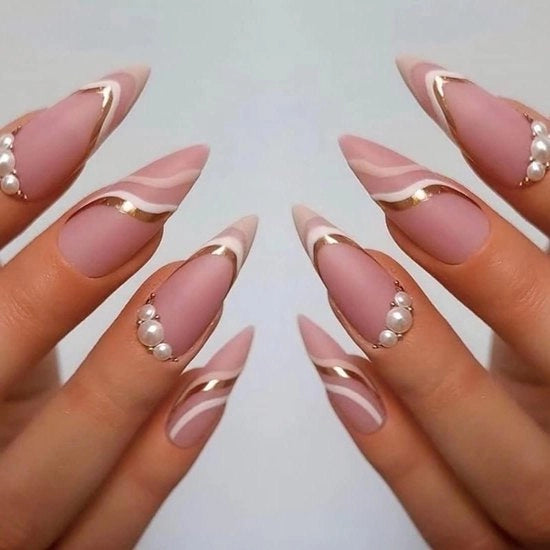 Set di 24 pezzi di aculei con filo dorato e linea nera | Aculei con cuore rosa perlato e bordo bianco | Aculei a pressione per donne e ragazze