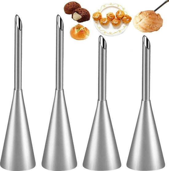 Set di 4 lunghe bocchette per donut - bocchette per ripieno di torta e marmellata in acciaio inossidabile - sac a vento per la torta - ripieno per cupcake - 4 pezzi.