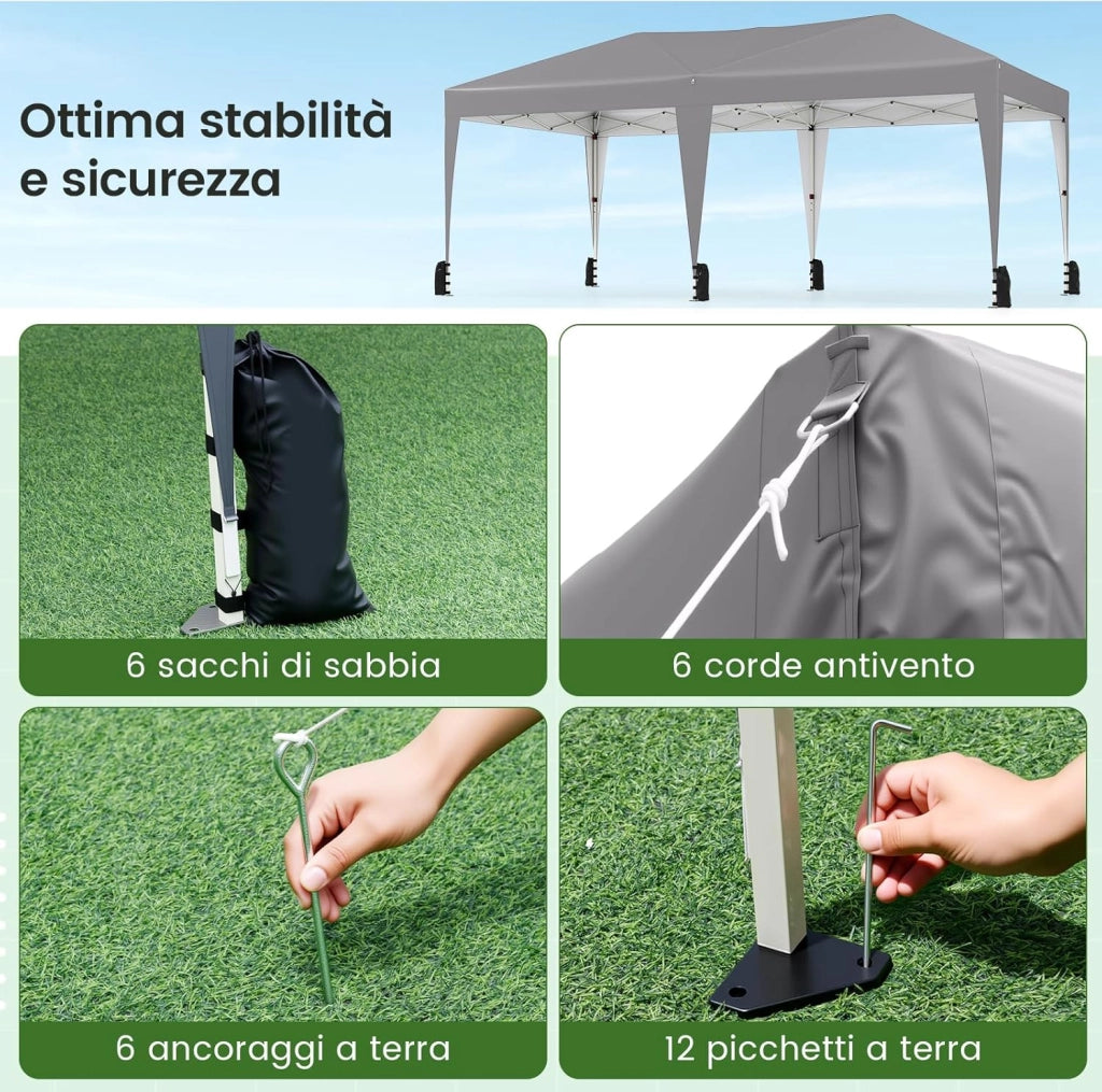 3x5,9 m Gazebo da Giardino Pieghevole, Regolabile in Altezza, Gazebo Esterno Impermeabile Antivento con Borsa a Rotelle, Montaggio Veloce, Tendone per Feste, Mercati e Matrimoni (Grigio)