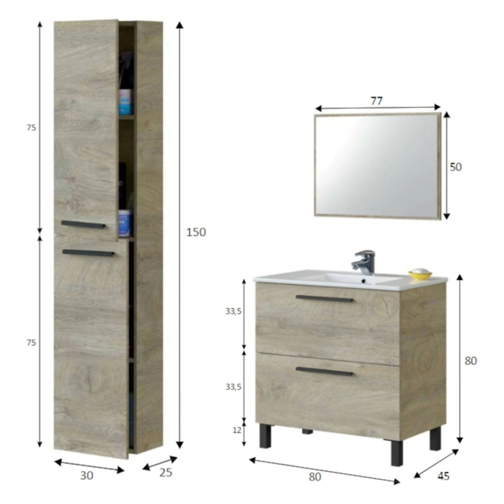 Somaglia, set Mobili Bagno Specchio Incluso, Marrone Rovere
