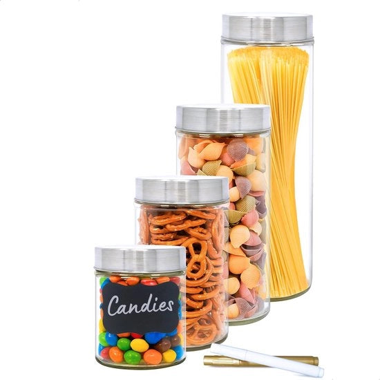 Set di 4 contenitori in vetro borosilicato con coperchio, 0,5 l - 0,9 l - 1,2 l - 1,75 l. Contenitori in vetro borosilicato con coperchio in acciaio inossidabile.