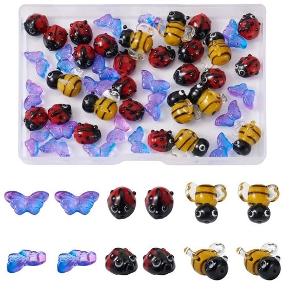 Set di perle in vetro lampo trasparente - 60 pezzi - per creare gioielli - 3D api, coniglietti e farfalle - dimensioni: 10,8 x 7,4 x 1,8 cm