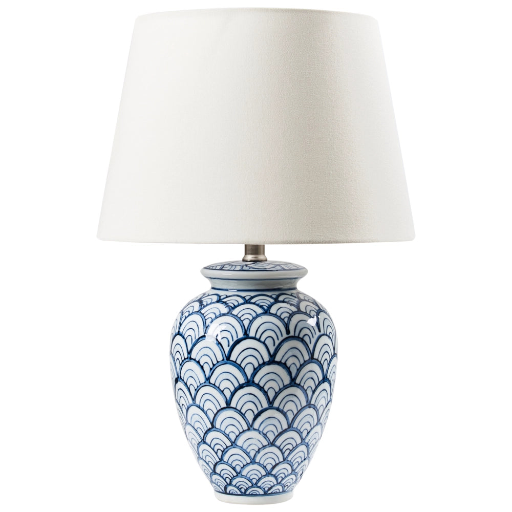 Lampada da tavolo Base in porcellana blu e bianca Paralume in lino ornato da un motivo Illuminazione Soggiorno Camera da letto