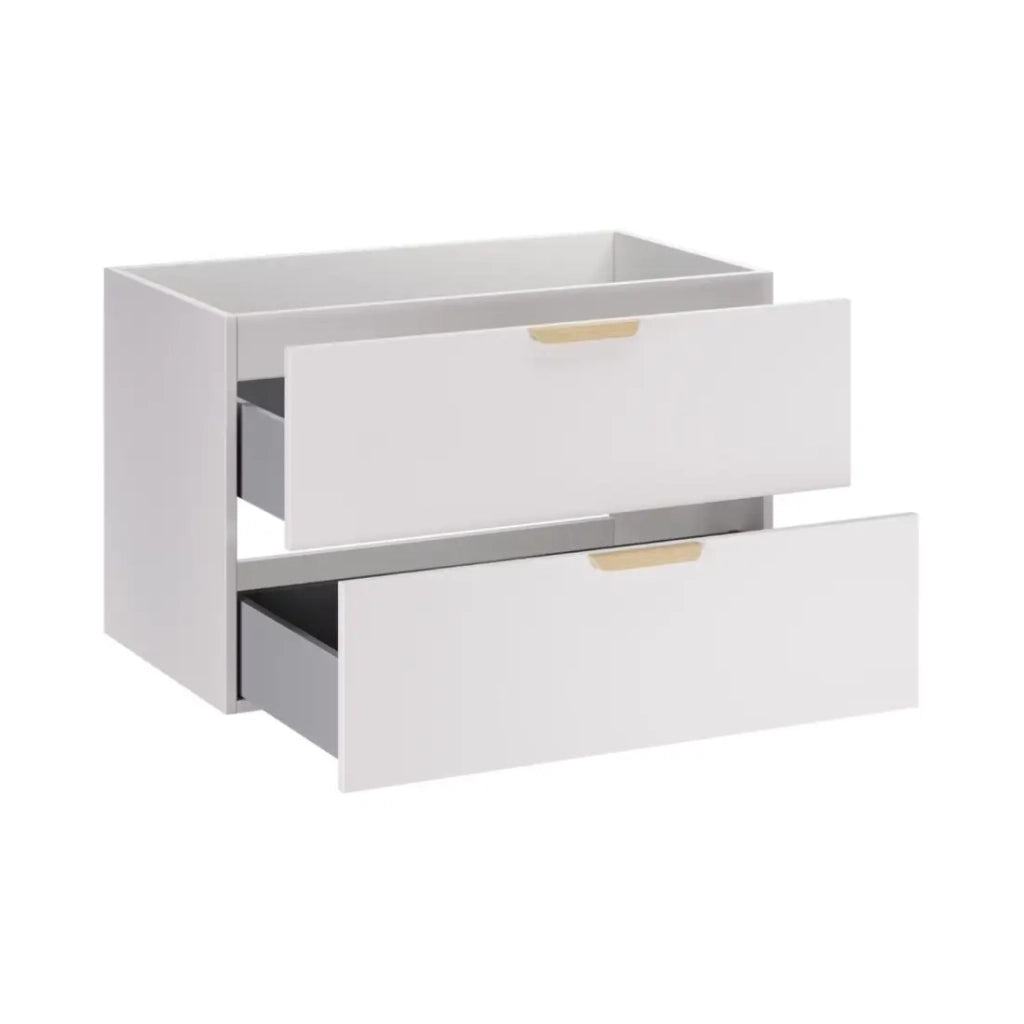 Set da bagno sospeso OSTER 120cm: mobile sottolavabo con cassetti bianchi e nicchie a vista + piano per lavabo