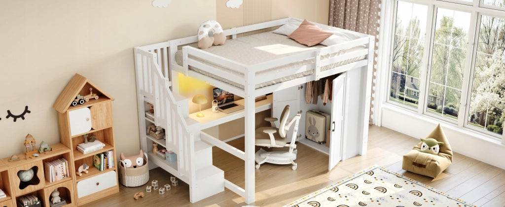 Letto a castello con scrivania e armadio - Xylo - 140x200 - Bianco - USB, LED